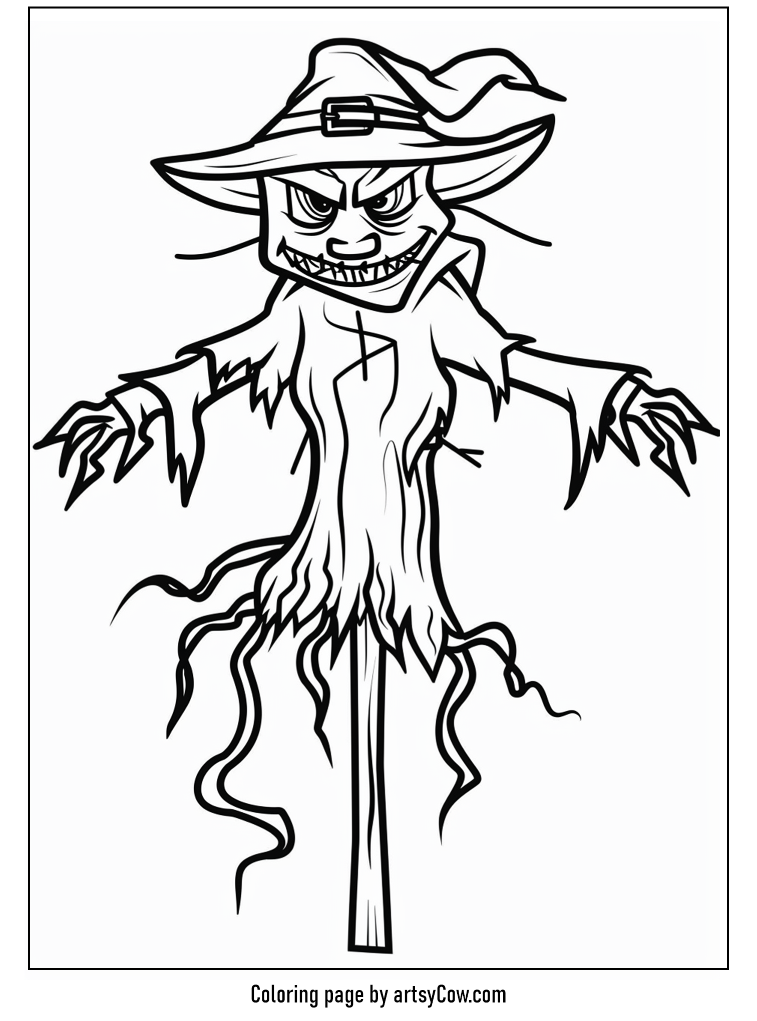 scary halloween coloring pages, featuring a chilling image of a spooky scarecrow with a wide menacing grin, dressed in tattered clothes and a witch's hat.